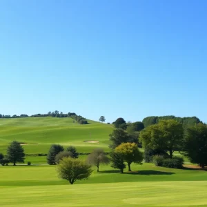 Aerial view of Landmand Golf Club with golfers on the course