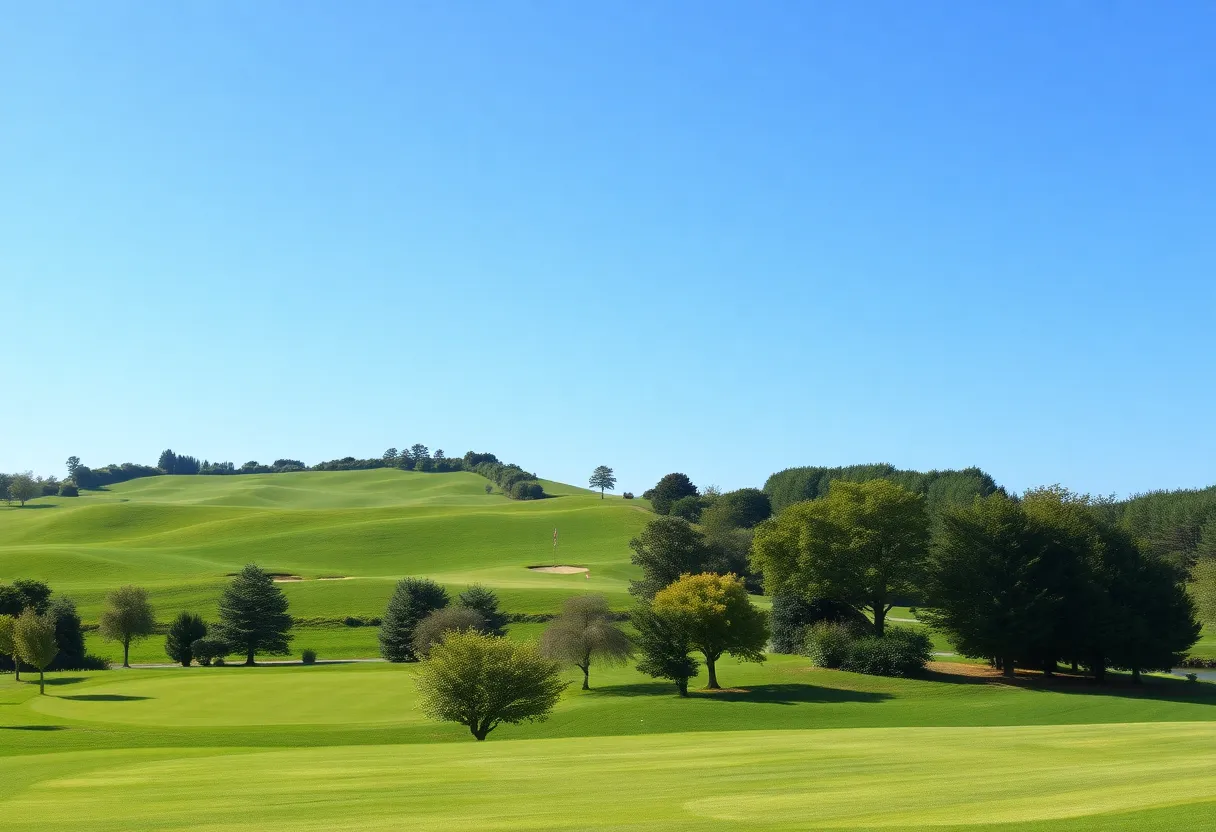 Aerial view of Landmand Golf Club with golfers on the course