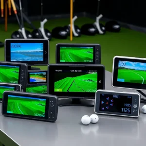 Golfers using launch monitors at a practice range