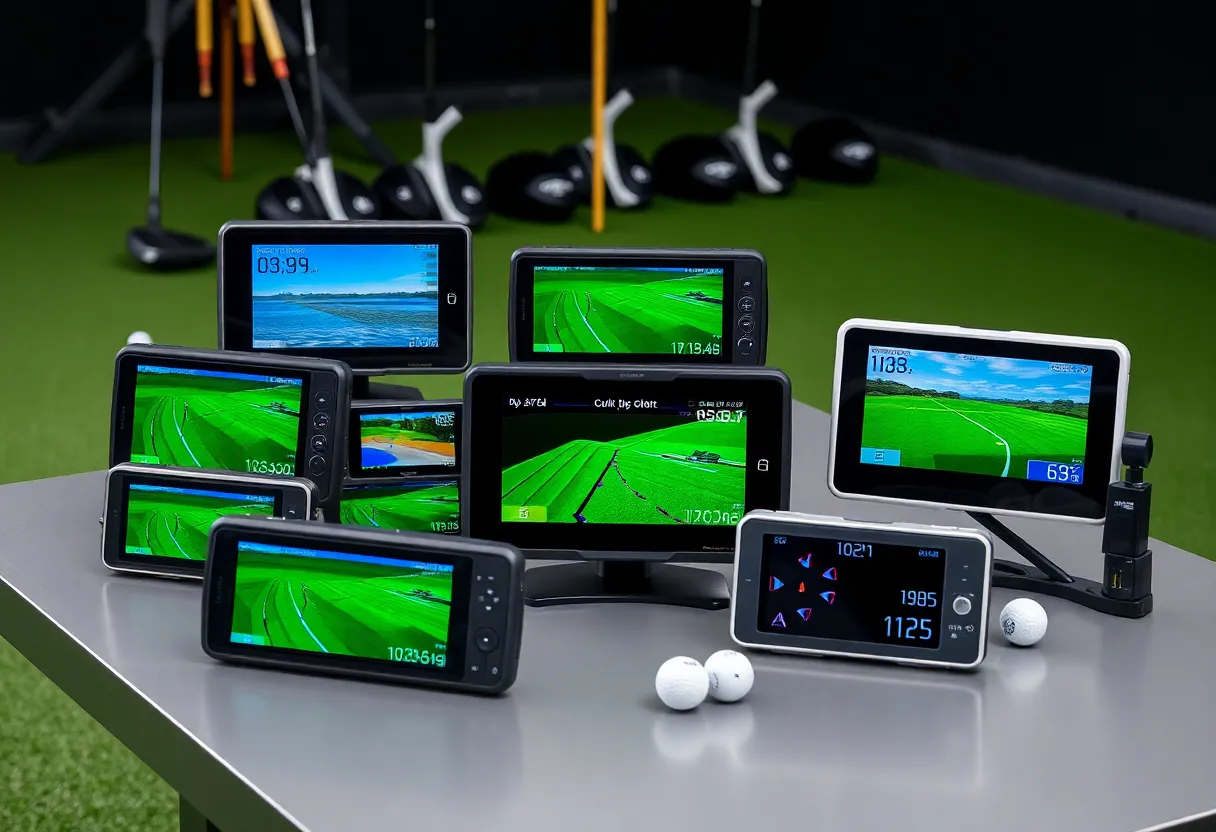 Golfers using launch monitors at a practice range