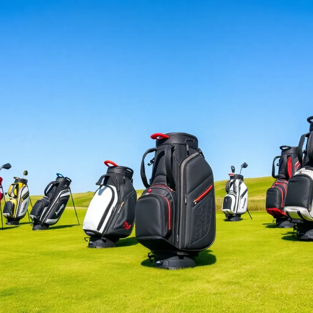 Collection of lightweight golf bags on a golf course