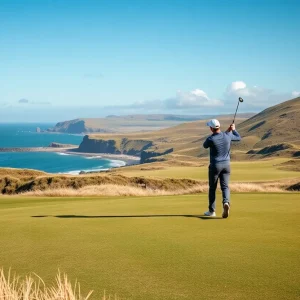 A panoramic view of a links golf course featuring rolling hills and coastal scenery.