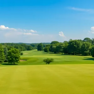 Public golf course with golfers and green landscape