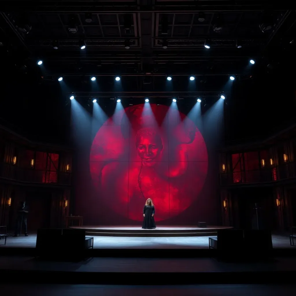 Theater stage set for a modern Macbeth adaptation