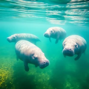 Manatees swimming in warm coastal waters in Florida