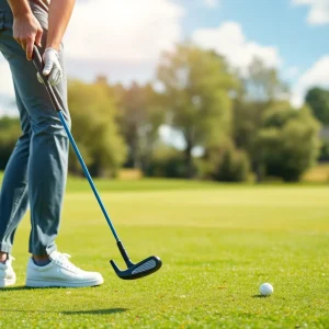 Golfer with new golf clubs on the course