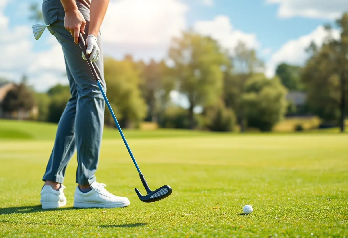 Golfer with new golf clubs on the course