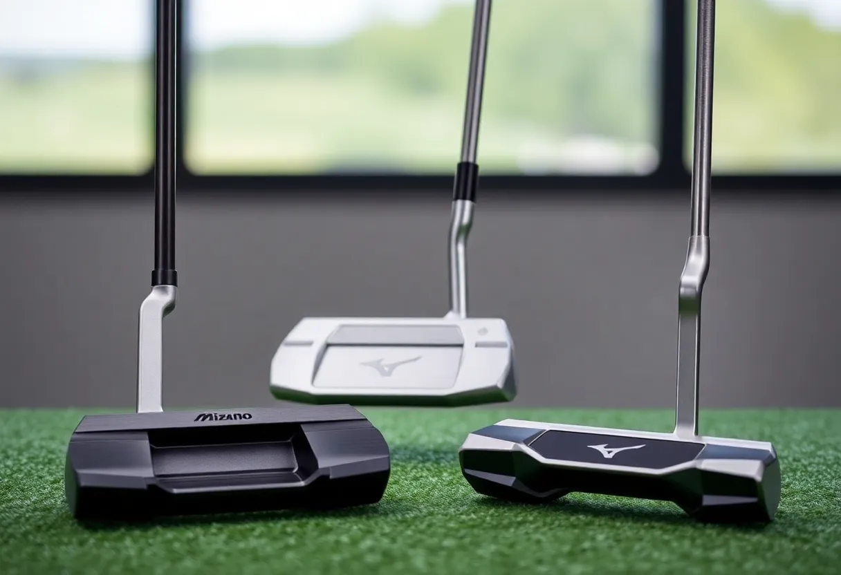 A display of Mizuno M.Craft X putters on a golf course.