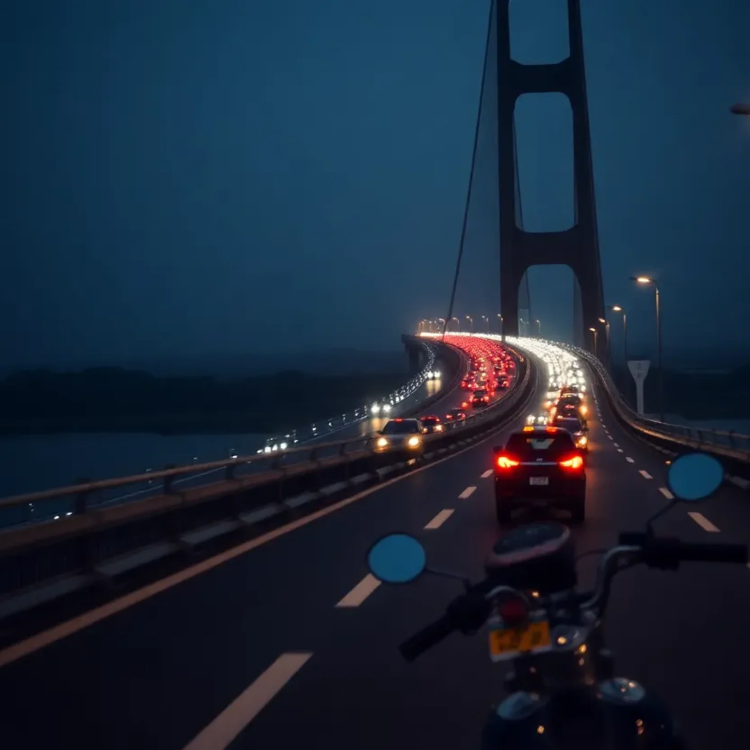 Scene of a motorcycle accident on a bridge at night