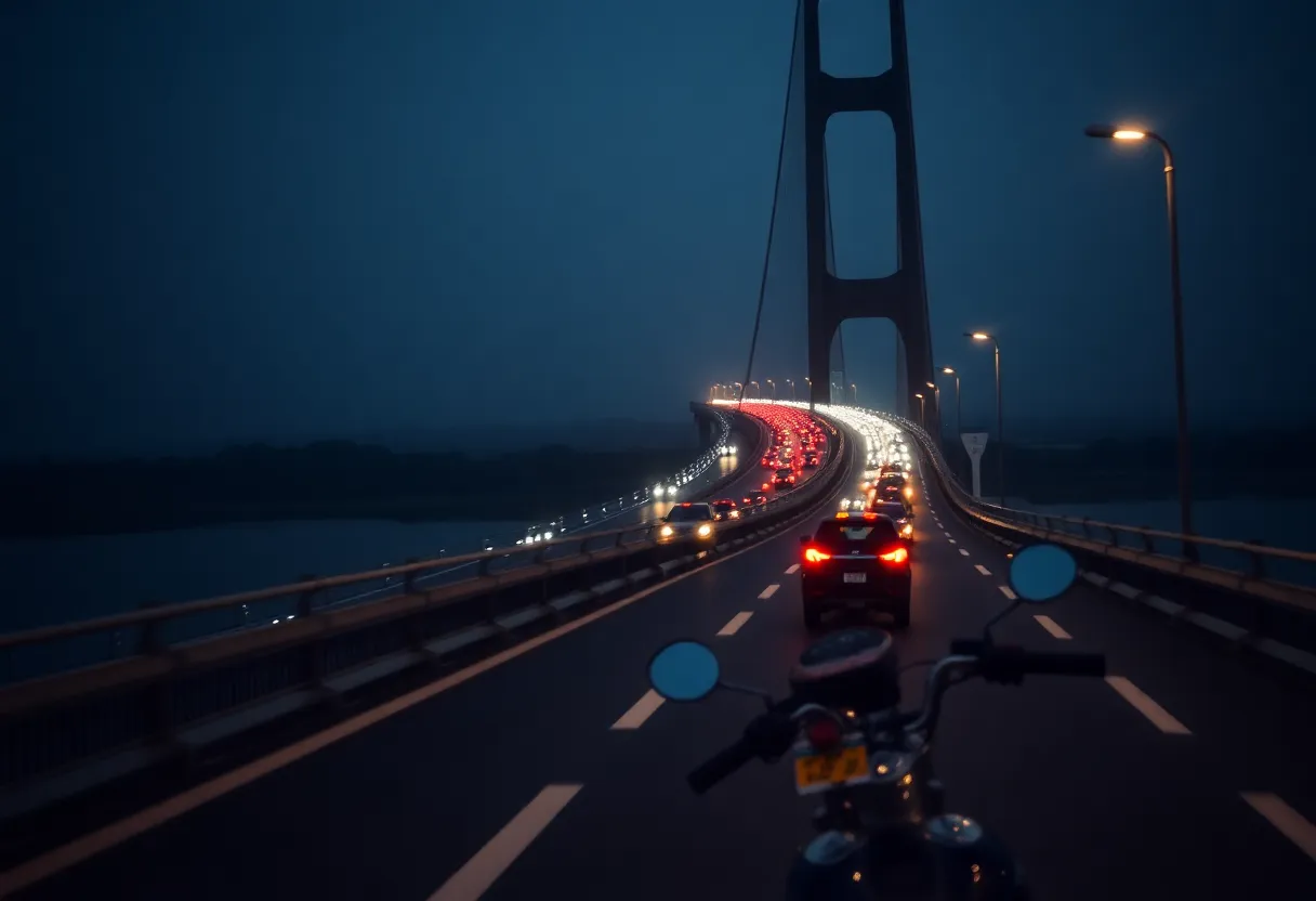 Scene of a motorcycle accident on a bridge at night