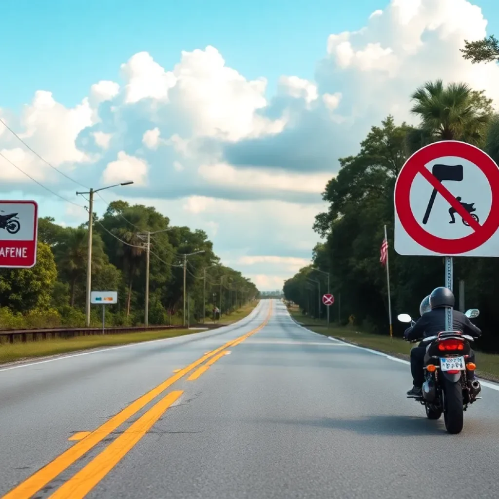 Motorcycle safety signs along a Tampa road