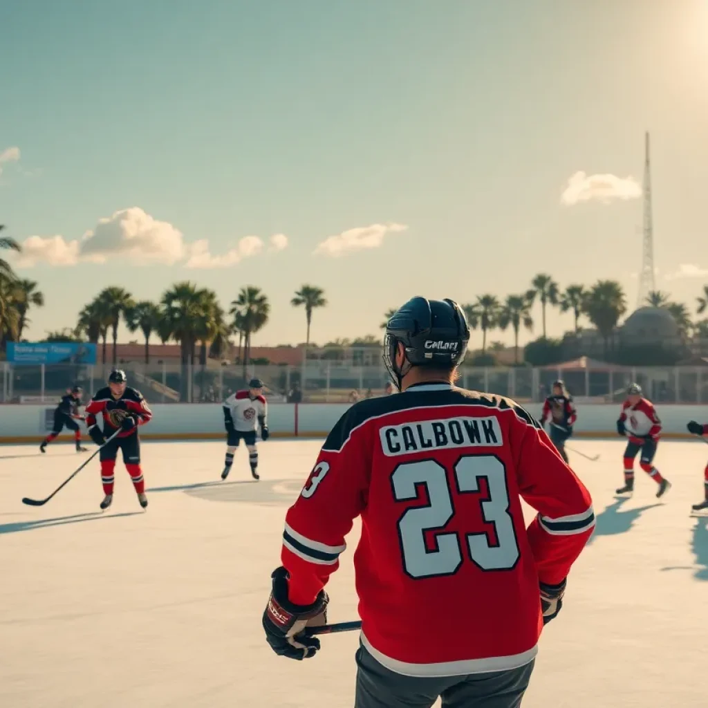 Outdoor ice hockey game in Florida with palm trees