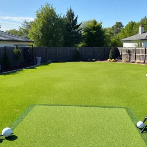 Backyard golf setup with a replica golf hole