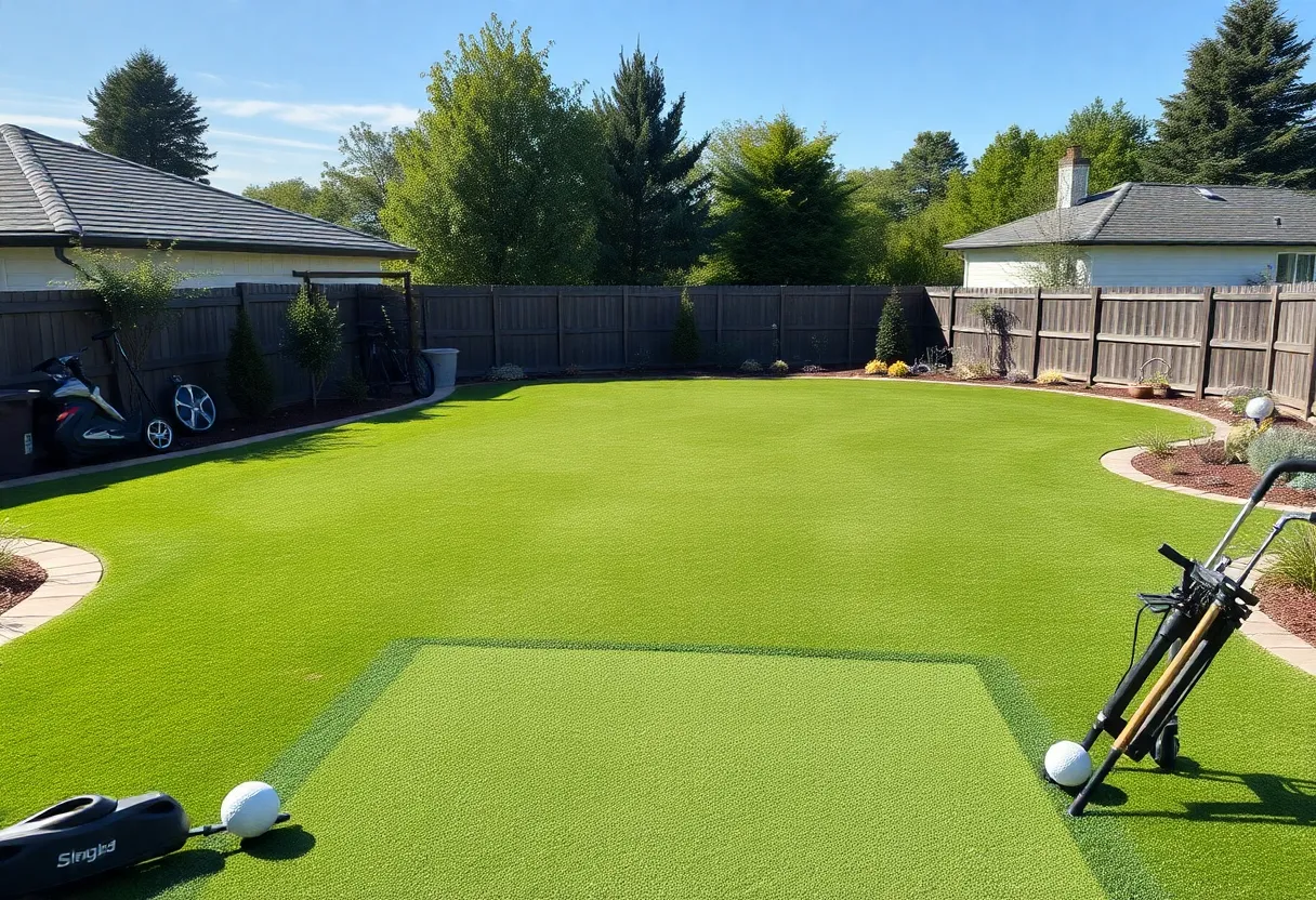 Backyard golf setup with a replica golf hole