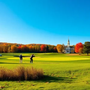 Autumn scene of golfers playing on a Pennsylvania golf course