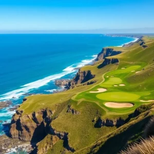 Scenic view of Point Hardy Golf Club with the Atlantic Ocean in the background