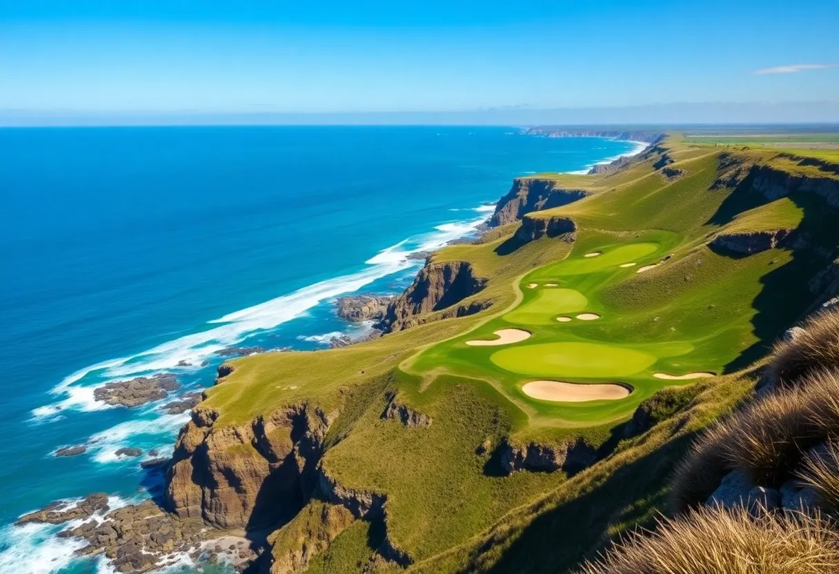 Scenic view of Point Hardy Golf Club with the Atlantic Ocean in the background