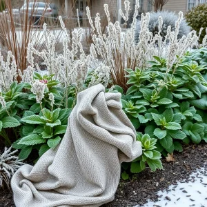 Plants covered with blankets and frost cloth in a winter garden.