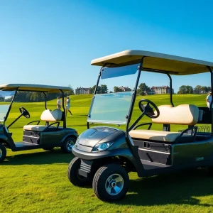 Golfer using a push cart on a green golf course