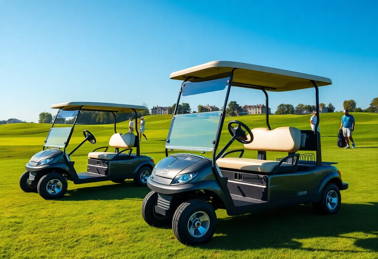 Golfer using a push cart on a green golf course