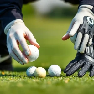 Various golf equipment including Titleist golf balls and Cobra gloves on a golf course.