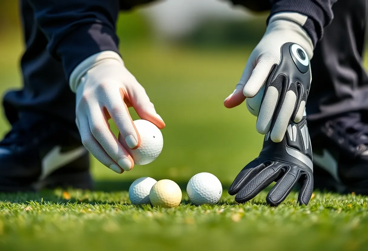 Various golf equipment including Titleist golf balls and Cobra gloves on a golf course.