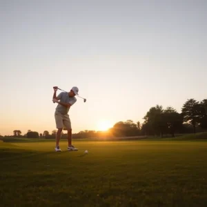 A silhouette of a golfer in action on a golf course