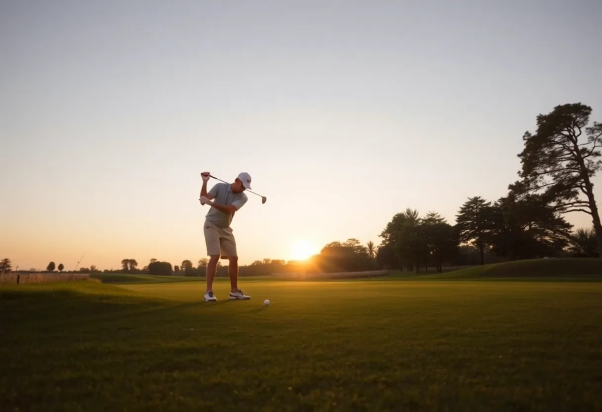 A silhouette of a golfer in action on a golf course