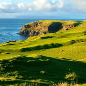 A scenic view of a golf course along Scotland's coast with cliffs