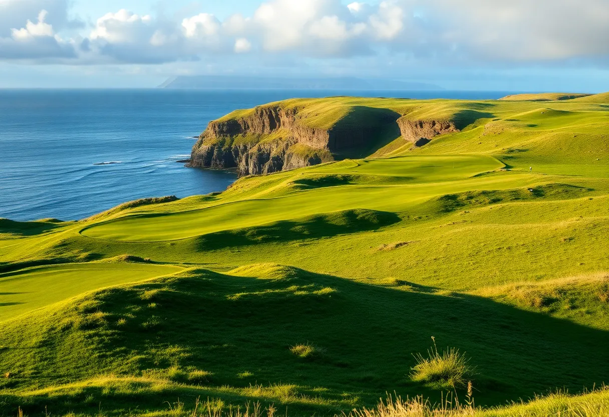 A scenic view of a golf course along Scotland's coast with cliffs