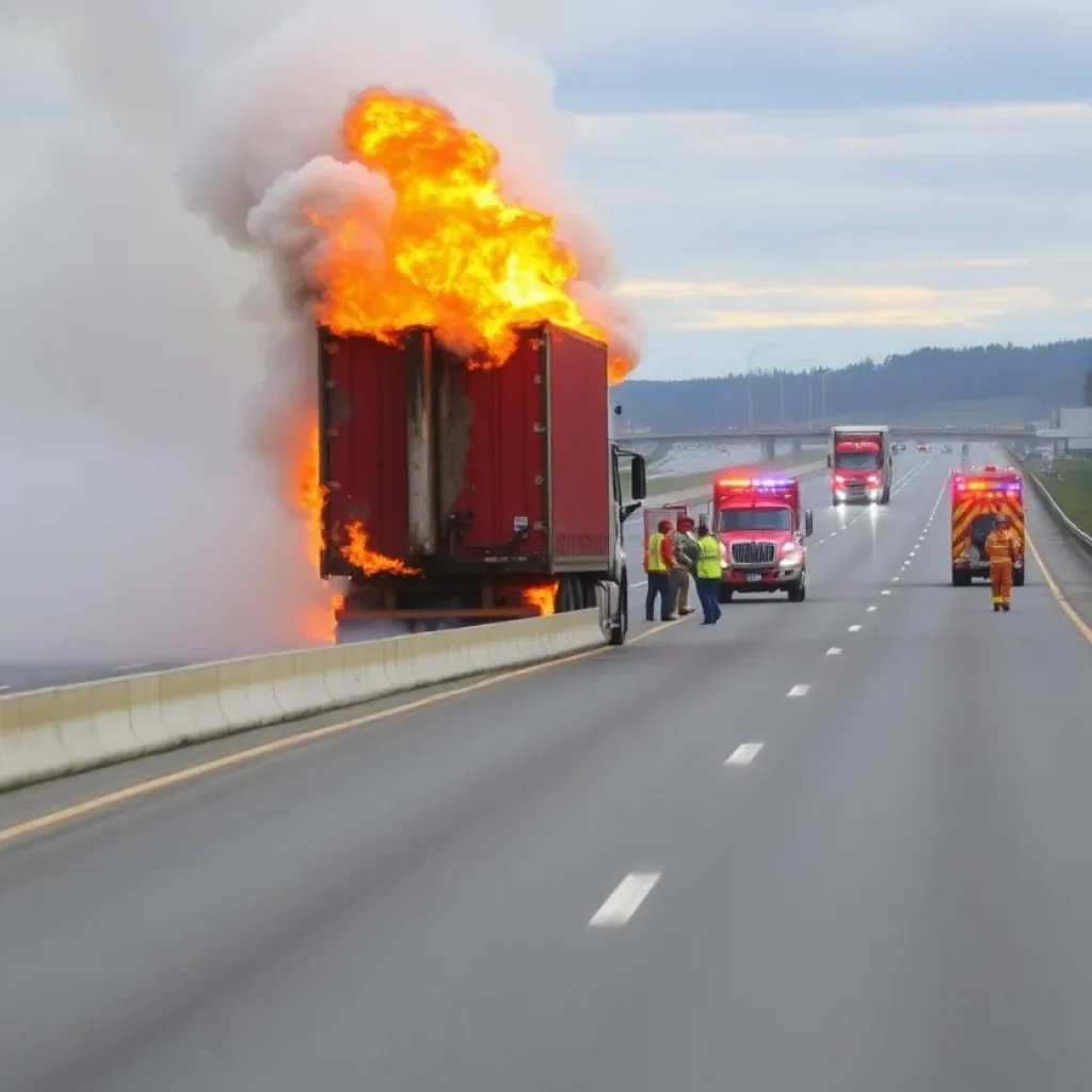 A semi-truck engulfed in flames on the highway with firefighters responding.