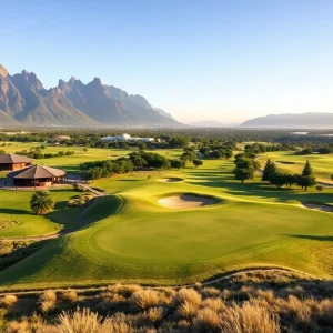 View of a beautiful golf course in South Africa with mountains in the background.