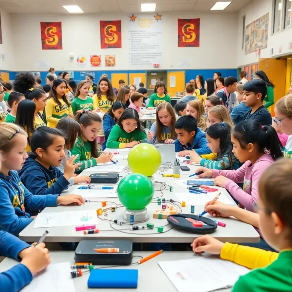 Students engaging in STEM activities at Young Middle School with Buccaneers volunteers.