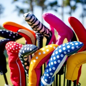 Various stylish golf headcovers protecting golf clubs outdoors