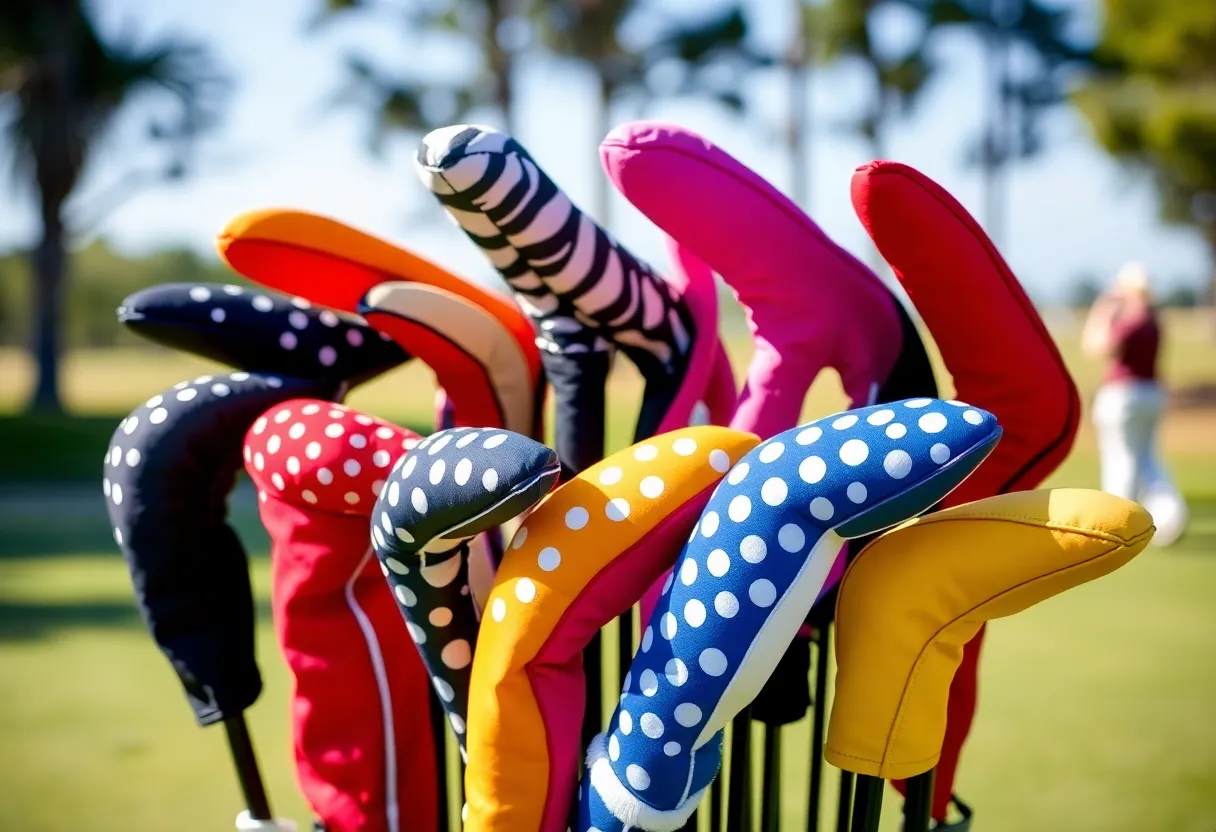 Various stylish golf headcovers protecting golf clubs outdoors