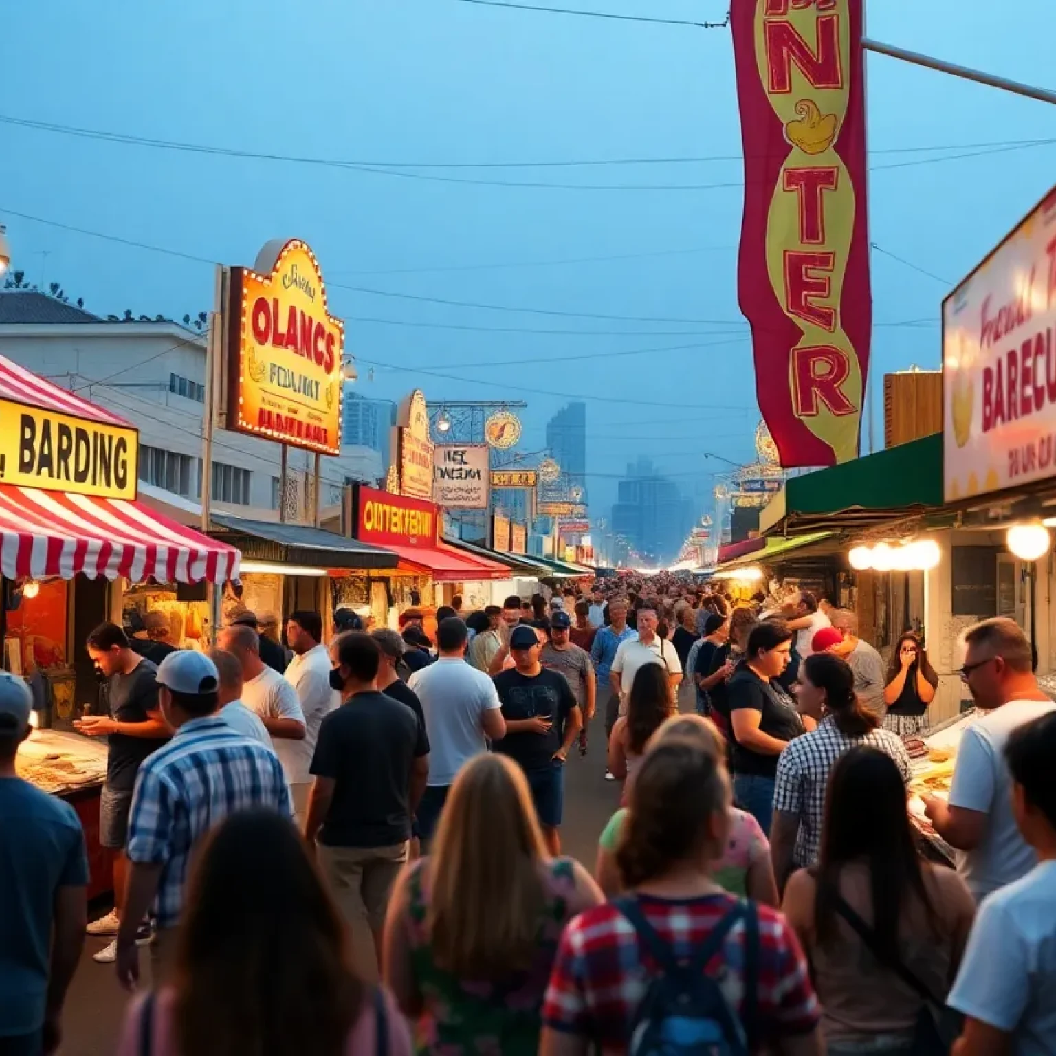 A colorful representation of Tampa Bay food festivals featuring different food stalls and happy festival-goers.