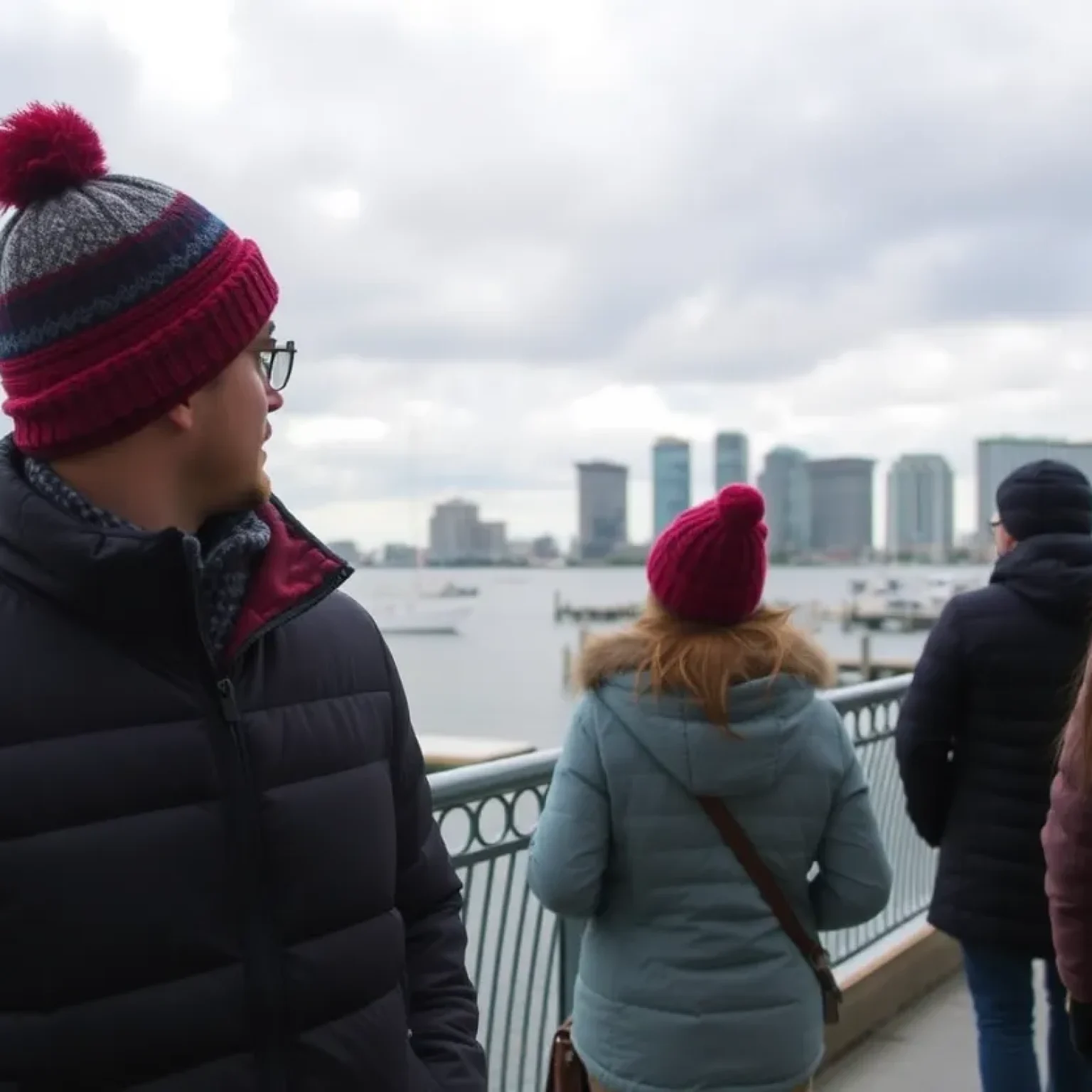 Residents of Tampa Bay dressed for winter weather against a cloudy backdrop.