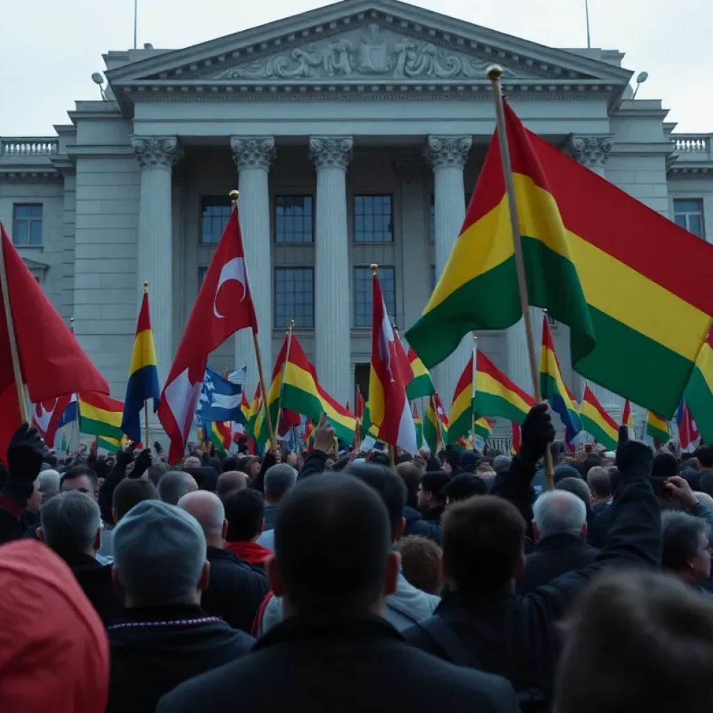 Protesters outside a government building during political unrest