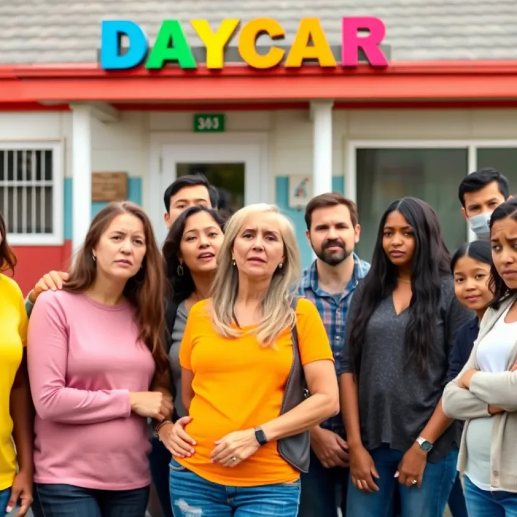 Group of concerned parents outside a daycare