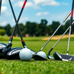 An arrangement of TaylorMade golf clubs including drivers and putters on a golf course.