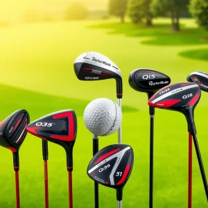 TaylorMade Qi35 hybrids and drivers displayed on a golf course