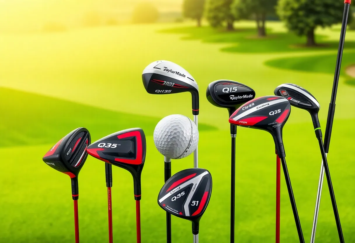 TaylorMade Qi35 hybrids and drivers displayed on a golf course