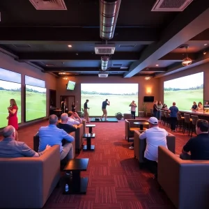 Interior of Tee Box Golf Lounge with golf simulators and lounge area