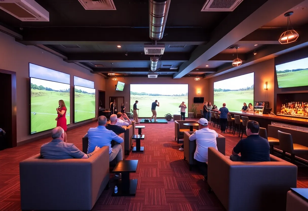 Interior of Tee Box Golf Lounge with golf simulators and lounge area