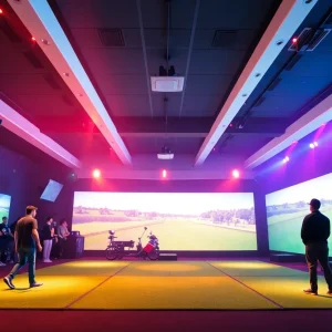 A high-tech golf arena during a match for TGL Golf League.