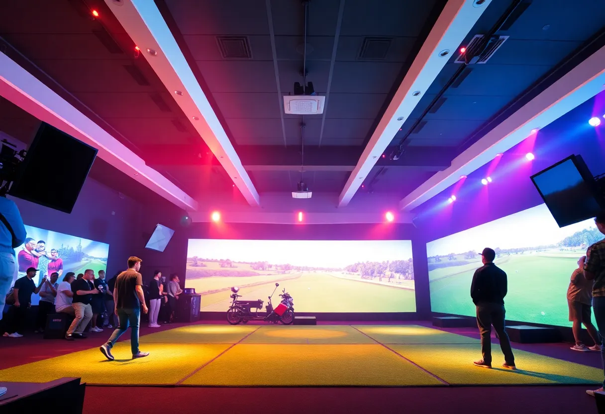 A high-tech golf arena during a match for TGL Golf League.