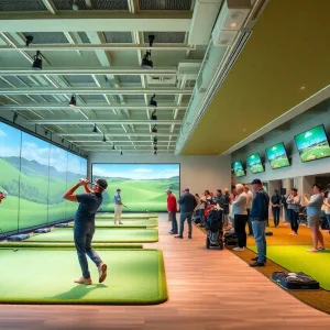 Modern indoor golf arena with players competing