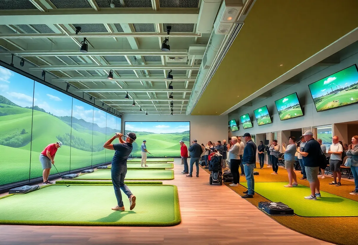 Modern indoor golf arena with players competing