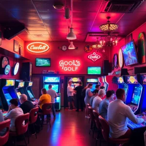 Interior view of The Muni arcade bar showing golf simulators and retro decor