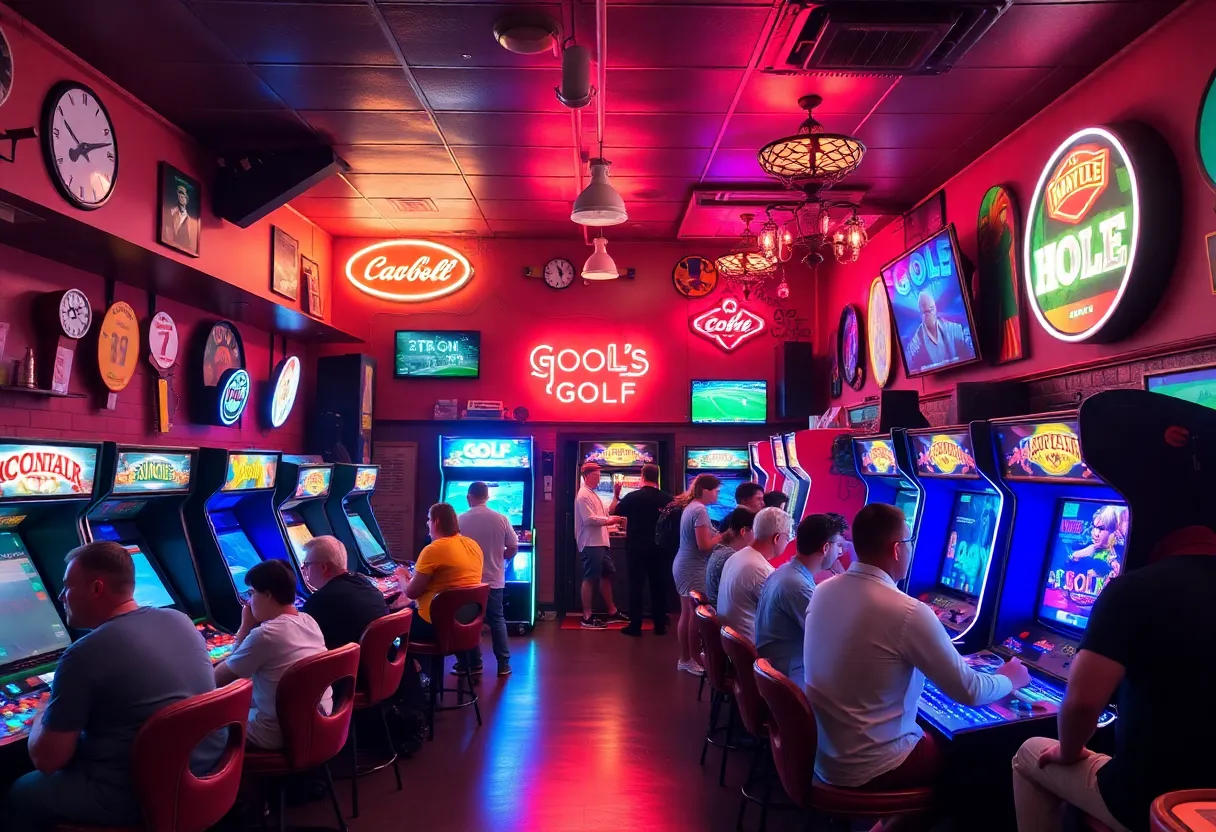 Interior view of The Muni arcade bar showing golf simulators and retro decor